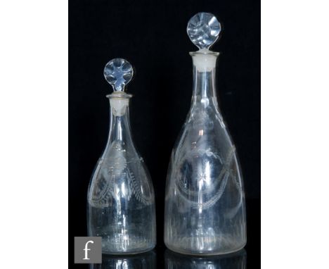 A late 18th Century decanter circa 1790, mould blown and of tapered form with basal moulded comb fluting below a rough wheel 
