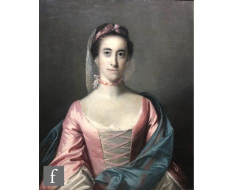 SIR JOSHUA REYNOLDS (1723-1792) AND STUDIO - Portrait of a lady, said to be Miss Morris, later Mrs. Lockwood, wearing a pink 