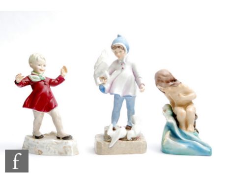 Three Royal Worcester models of children comprising August 3441, S/D, Fantails 3760, S/D and January 3452, all with printed m