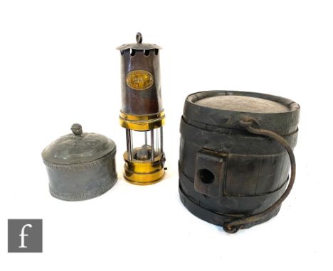 A Patersons brass miners lamp No 151, height 24cm, a lead tobacco jar and cover with tamper and coopered wooden brandy barrel