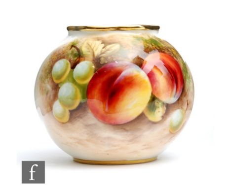 A small Royal Worcester Fallen Fruits shape G161 vase panel decorated by Rolands (or Roberts) with peaches and white grapes, 