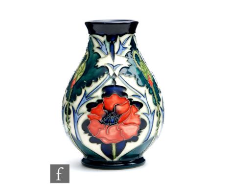 A small Moorcroft Pottery vase decorated in the New Poppy pattern designed by Rachel Bishop, impressed mark, marked as a seco