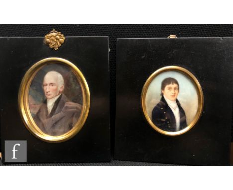 ENGLISH SCHOOL (C. 1800) - Portrait of a young man wearing a blue coat and stock, a watercolour miniature on ivory, signed wi