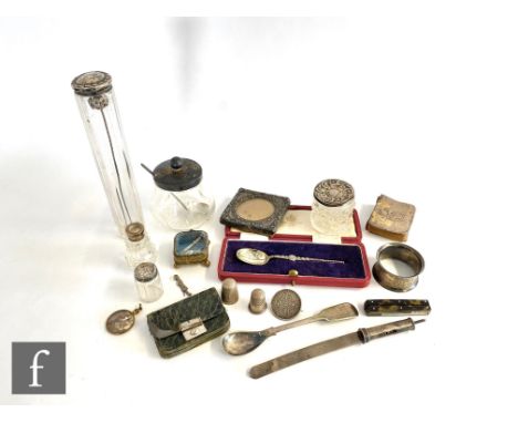 A small parcel lot of assorted hallmarked silver and other items to include a photograph frame, a preserve jar and cover flat