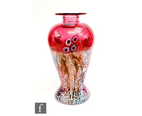 A contemporary&nbsp;Jonathan Harris Studio Glass vase of baluster form, decorated with&nbsp;murrine canes, mottled opal over 