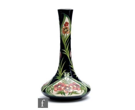 A Moorcroft Pottery vase of compressed globe and shaft form decorated in the Florian Flame pattern designed by Rachel Bishop,