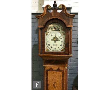 An early 19th Century oak and mahogany cross-banded longcase clock with a thirty hour movement, the hood with twin swan neck 