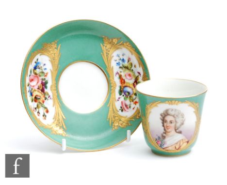 A 19th Century Sevres coffee cup and saucer, the can decorated with a hand painted portrait roundel titled (to the underside)