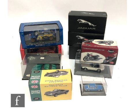 Ten assorted diecast car models of various scales and manufacturers, to include Jaguar, Triumph Spitfire, Subaru etc, all box