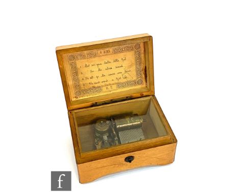 A late 19th and early 20th Century musical box in plain walnut box playing four airs, maker HT with original paper tune card,