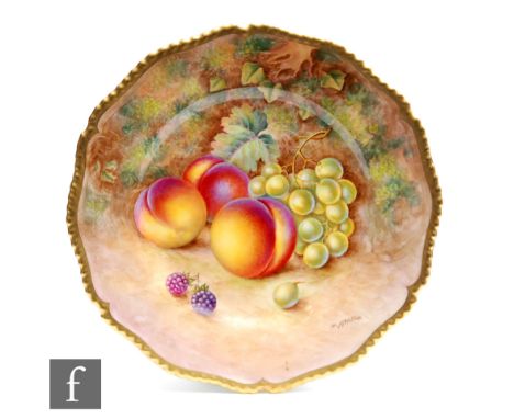 A Royal Worcester Fallen Fruits cabinet or wall plate decorated by Ayrton with hand painted peaches and white grapes, signed,