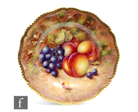 A Royal Worcester Fallen Fruits cabinet or wall plate decorated by Freeman with hand painted peaches and red grapes, signed, 