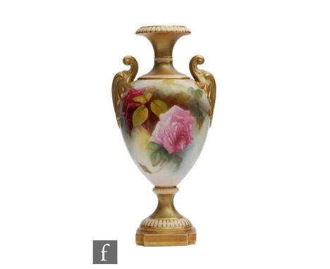 A Royal Worcester shape 1969 pedestal vase panel decorated with roses and foliage, puce mark with date code for&nbsp;1914, he