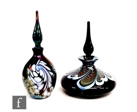 A contemporary Okra Glass scent bottle of low shouldered form with collar neck and spire form stopper, decorated with swirls 