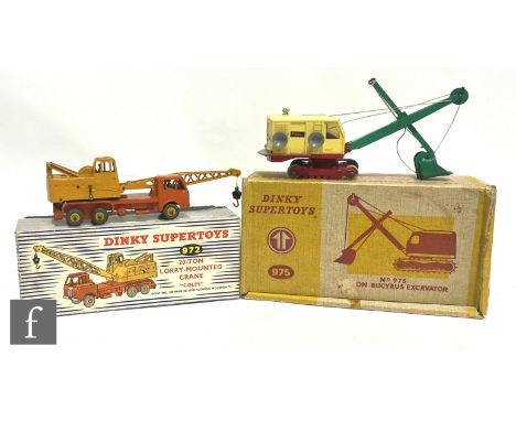 Two Dinky Toys, 975 Ruston Bucyrus Excavator in yellow with green jib and red chassis, with replacement track, and 972 Coles 