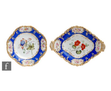 Two 19th Century dessert plate dishes, possibly Spode, both decorated with hand painted botanical studies within a blue borde