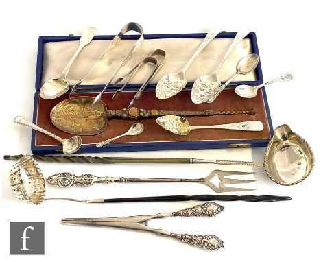 A parcel lot of assorted hallmarked silver flatware to include two toddy ladles, a cased silver gilt copy of the coronation s