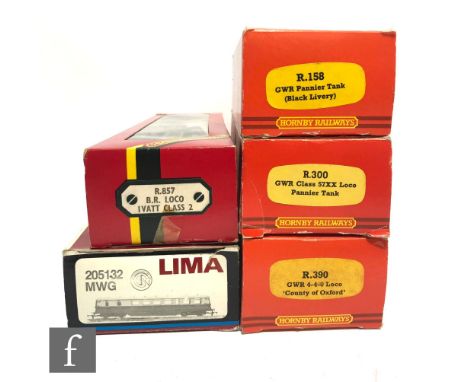 Five OO gauge locomotives, comprising Lima 205132 GWR Diesel Railcar 22, Hornby R390 4-4-0 GWR green 'County of Oxford', Horn
