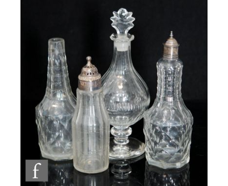 An 18th Century glass condiment bottle circa 1750, with hallmarked silver top, of mallet form with faceted decoration, hallma