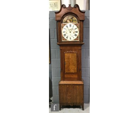 A 19th Century oak and mahogany cross-banded longcase clock with a thirty hour movement, the hood with a twin scroll pediment