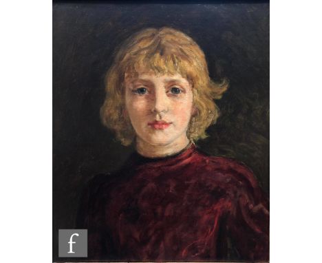 ENGLISH SCHOOL (EARLY 20TH CENTURY) - Portrait of a young woman wearing a red dress, long bust length, oil on canvas, framed,