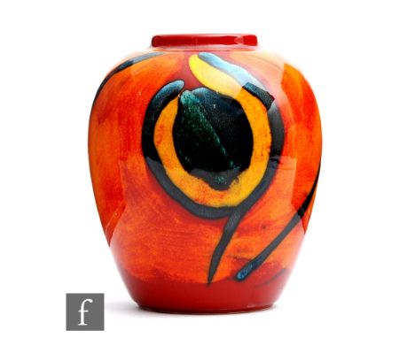 A later 20th Century Poole Pottery Living Glaze vase decorated with yellow, black and orange abstract patterns against a red 