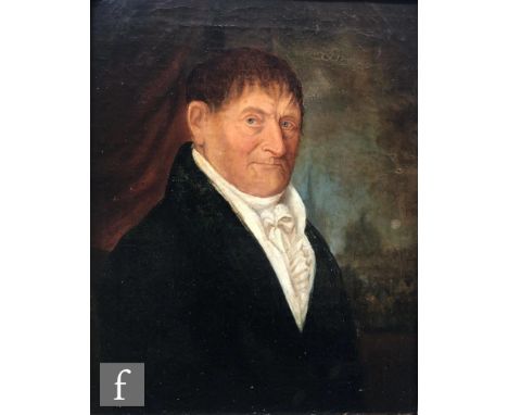 ENGLISH SCHOOL (C. 1830) - Portrait of a gentleman wearing black coat and stock, half length, oil on canvas, framed, 24cm x 1