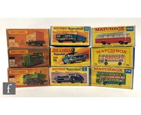 Nine Lesney Matchbox diecast models, mostly Superfast, comprising 5a Lotus Europa, 14a Iso Grifo, 24c Diesel Shunter, 25c Fla