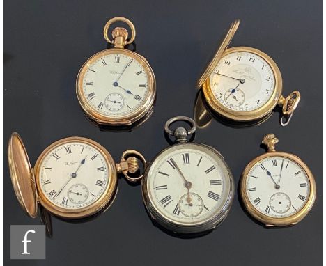 Four early 20th Century gold plated crown wind pocket watches to include two full hunters and two open faced examples, with a