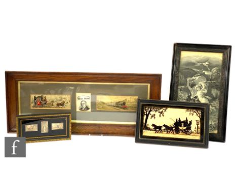 A set of three Stevengraphs comprising 'The Good Old Days', 'Portrait of George Stephenson' and 'The Present Time', mounted a