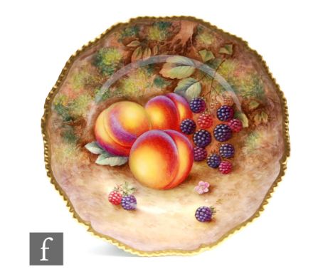 A Royal Worcester Fallen Fruits cabinet or wall plate decorated by Ayrton with hand painted peaches and blackberries, signed,