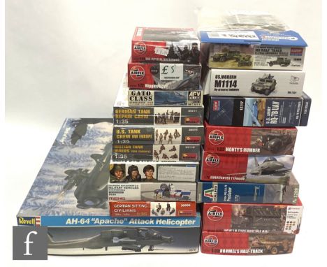 Nineteen military related plastic model kits of various scales and manufacturers including Airfix, Academy, Revell and simila