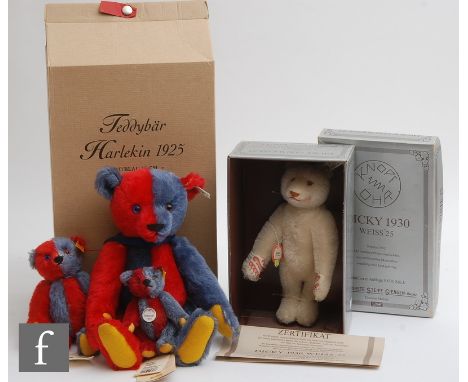 Four Steiff teddy bears, a 420214 Club Edition Harlequin 1925 teddy bear, red and blue mohair, wearing Steiff Club Edition 20