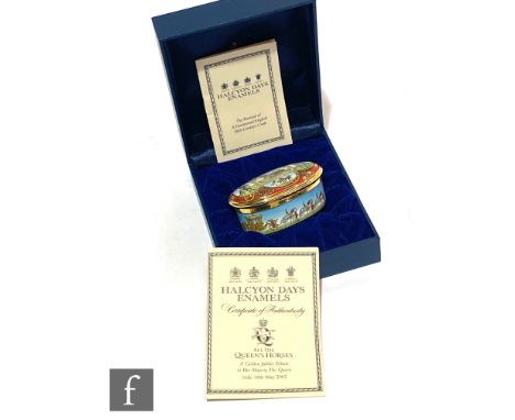 A boxed Halcyon Days Enamels oval trinket box titled 'All the Queen's Horses - A Gold Jubilee Tribute to Her Majesty the Quee