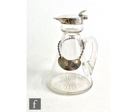 An early 20th Century hallmarked silver and clear glass noggin, conical glass body below silver collar and hinged cover, heig