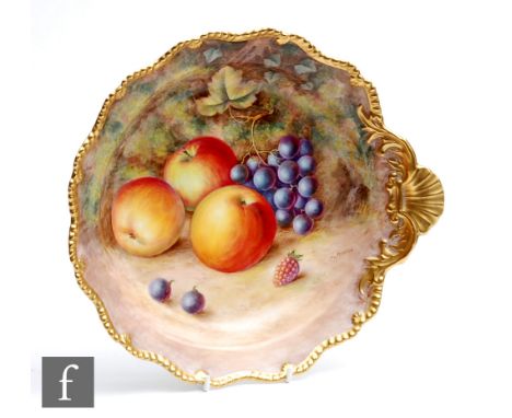 A Royal Worcester Fallen Fruits scallop edge dish with moulded shell handle decorated by Ayrton with hand painted apples, ras