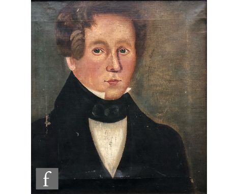 ENGLISH PROVINCIAL SCHOOL (MID 19TH CENTURY) - Portrait of a young man wearing a black coat and high collar, oil on canvas, f