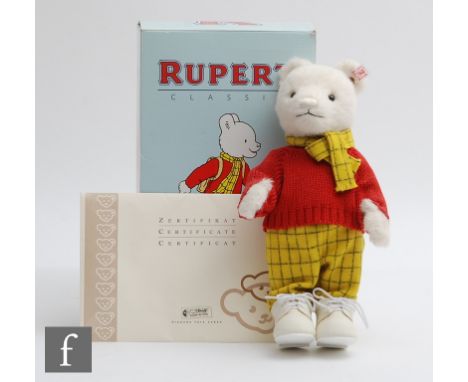 A Steiff 653568 Classic Rupert the Bear teddy bear, white alpaca, limited edition of 3000, height 28cm, boxed with certificat