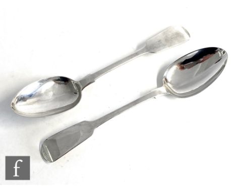 A pair of hallmarked silver fiddle pattern serving spoons of plain form, weight 4oz, Newcastle 1849,&nbsp;Thomas Sewell&nbsp;