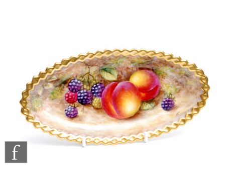 A Royal Worcester Fallen Fruits oval shaped dish decorated by Freeman with hand painted peaches and blackberries, signed, bla
