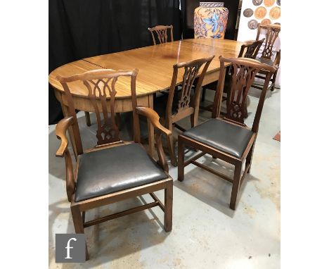 A George III mahogany D end extending dining table on square tapering legs, height 76cm x width 116cm x 201cm extended, and a