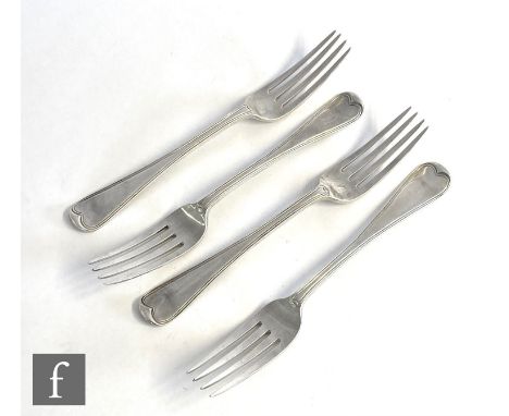 A set of four Victorian hallmarked silver fiddle and thread pattern dinner forks, weight 10.5oz, London 1858,&nbsp;Elizabeth 