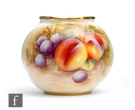 A small Royal Worcester Fallen Fruits shape G161 vase panel decorated by Rolands (or Roberts) with peaches and red grapes, si