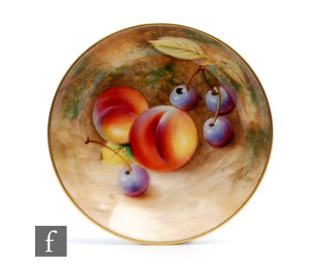 A Royal Worcester Fallen Fruits pin tray coaster decorated by Roberts with hand painted peaches and cherries, black printed m