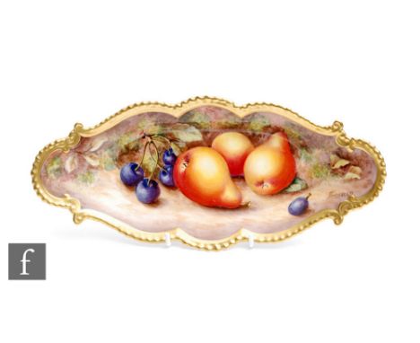 A Royal Worcester Fallen Fruits shaped dish decorated by Freeman with hand painted pears and cherries, signed, black printed 