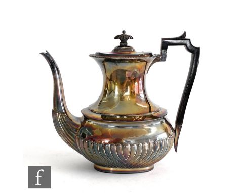 A hallmarked silver boat shaped coffee pot with part fluted decoration, weight 21oz, Sheffield 1896,&nbsp;Atkin Brothers. 