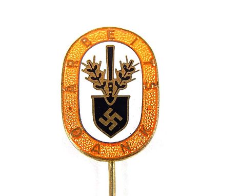 GERMAN RAD ENAMEL SERVICE STICKPIN  yellow border with winged spade device 'ARBEITS - D.A.N.K.', marked to reverse in raised 