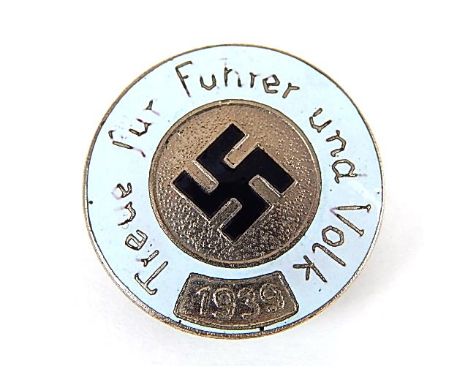 GERMAN NSDAP 'FUHRER UND VOLK 1939' NUMBERED MEMBERS ENAMEL LAPEL BADGE the screw-back inscribed 'Berlin - No. 02235'