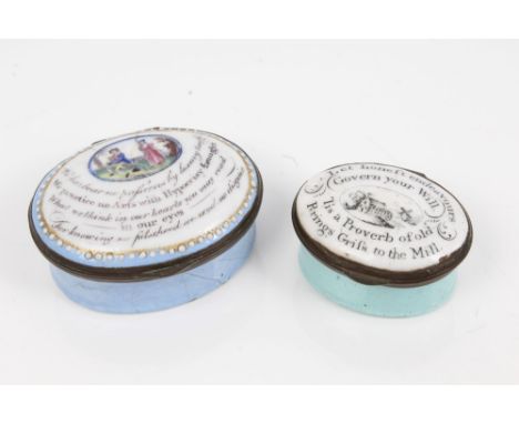 Early 19th century pale blue enamel oval patch box with painted Romantic scene and verse to lid, 5cm and another with printed