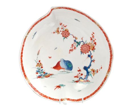 18th century Bow porcelain leaf-shaped dish with Kakiemon palette 'two quail' pattern decoration, 25.5cm CONDITION REPORT Upo